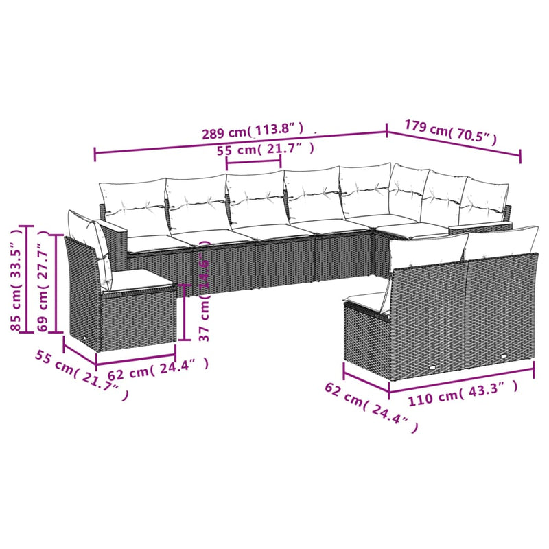 vidaXL 10 Piece Garden Sofa Set with Cushions Grey Poly Rattan
