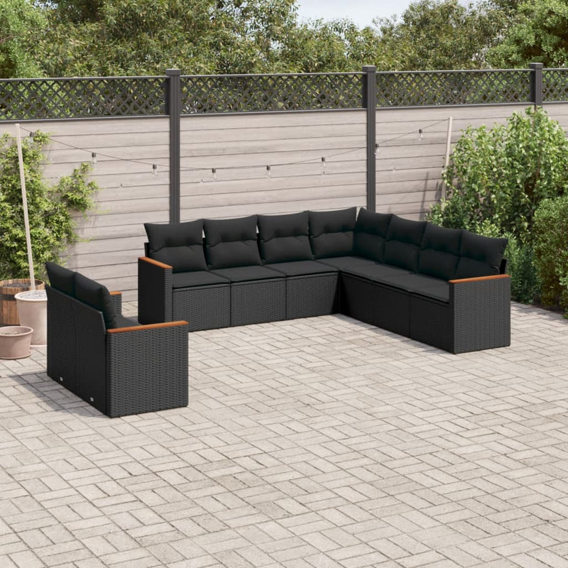 vidaXL 9 Piece Garden Sofa Set with Cushions Black Poly Rattan