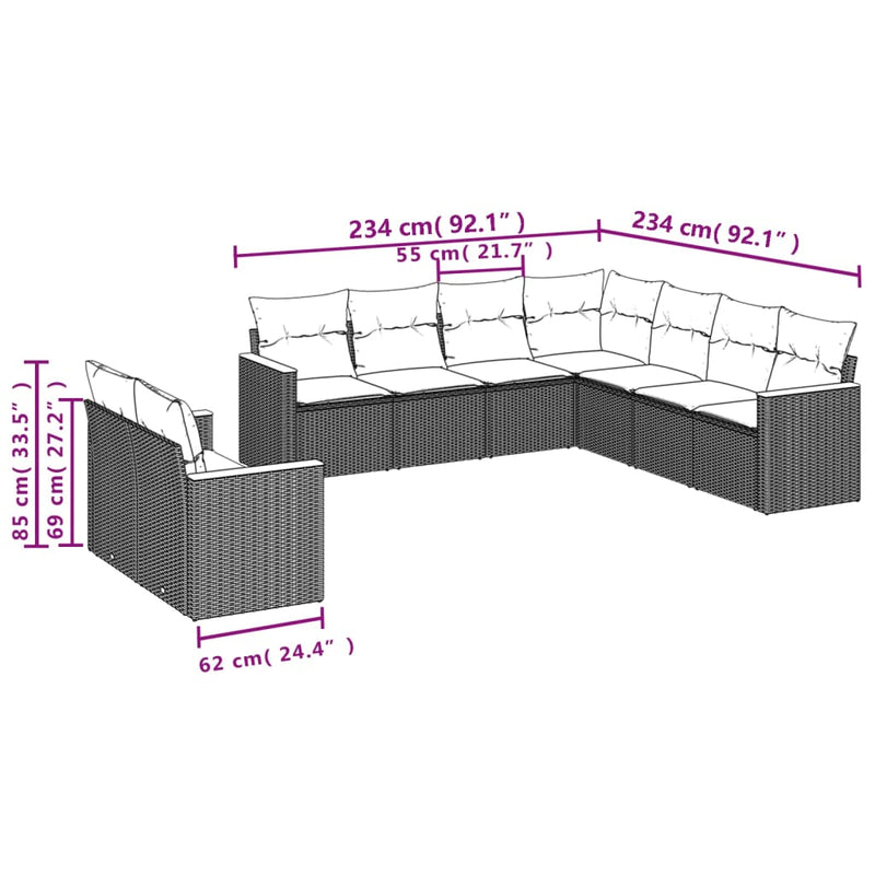 9 Piece Garden Sofa Set with Cushions Grey Poly Rattan