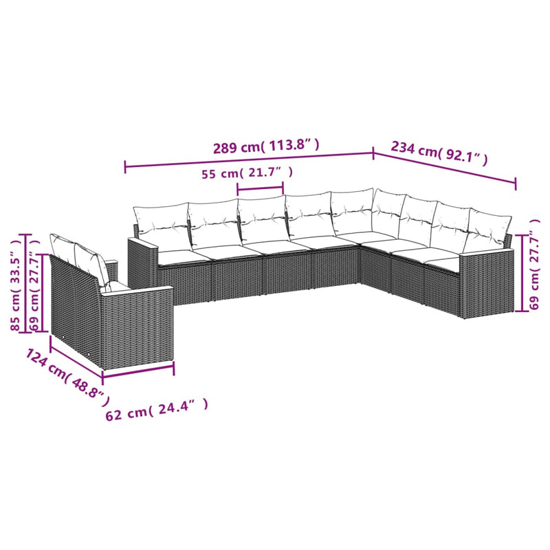 vidaXL 10 Piece Garden Sofa Set with Cushions Black Poly Rattan