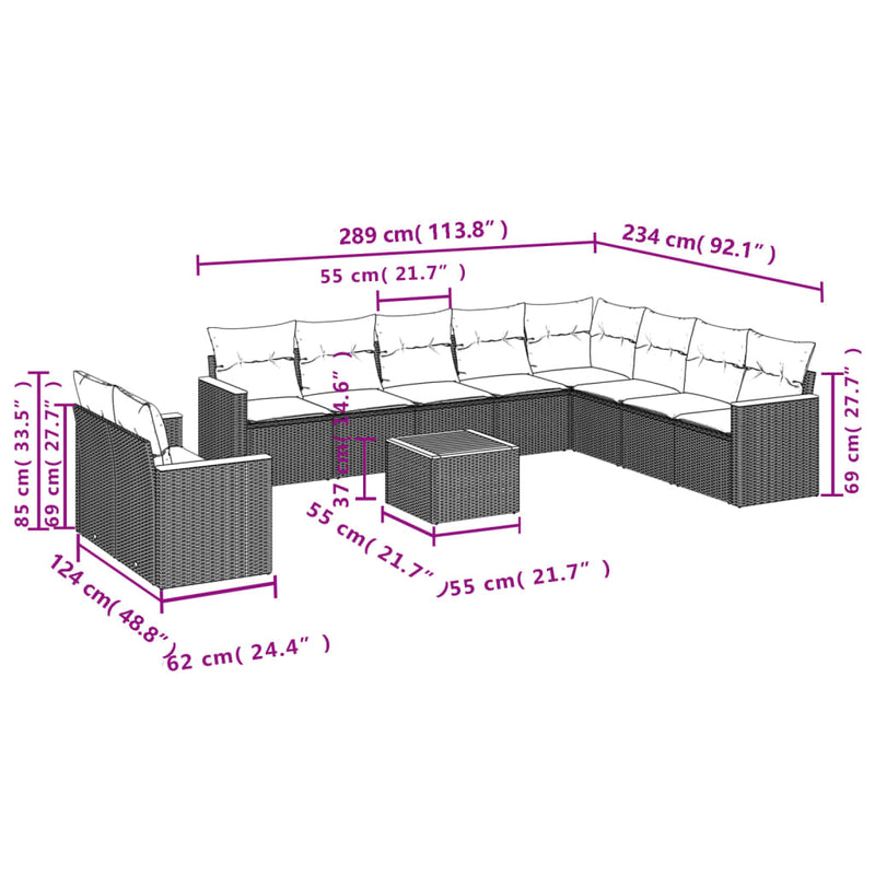 vidaXL 11 Piece Garden Sofa Set with Cushions Grey Poly Rattan
