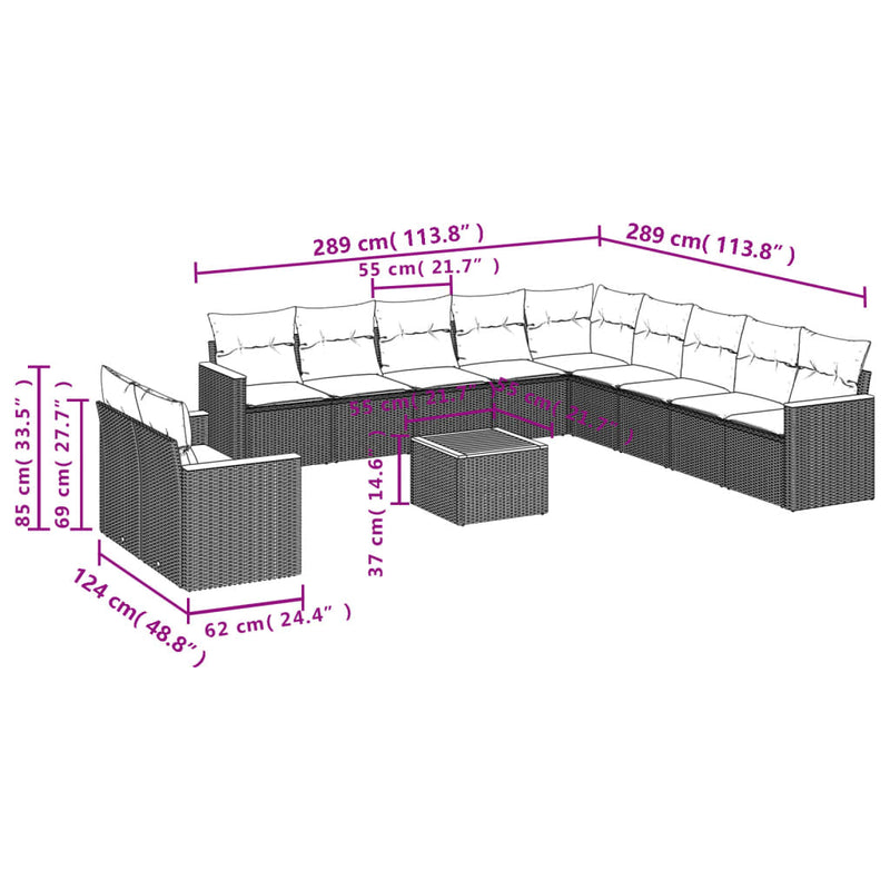 vidaXL 12 Piece Garden Sofa Set with Cushions Grey Poly Rattan
