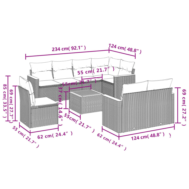 9 Piece Garden Sofa Set with Cushions Grey Poly Rattan