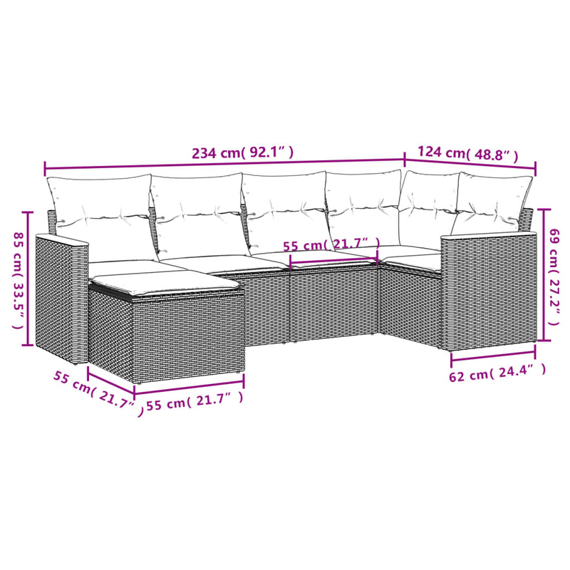 vidaXL 6 Piece Garden Sofa Set with Cushions Grey Poly Rattan