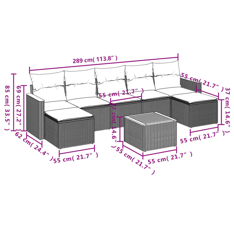 vidaXL 8 Piece Garden Sofa Set with Cushions Grey Poly Rattan