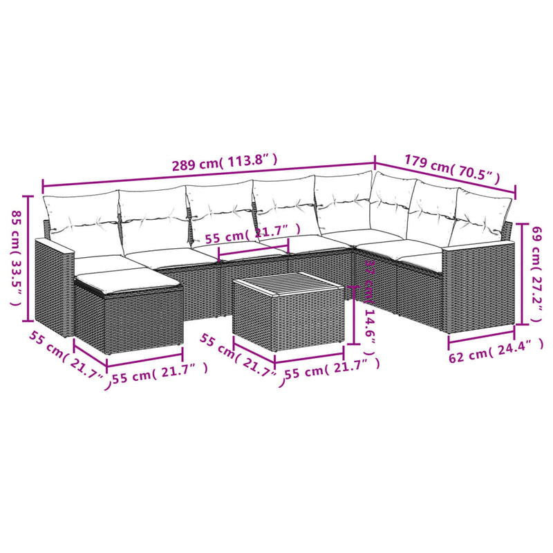 vidaXL 9 Piece Garden Sofa Set with Cushions Black Poly Rattan