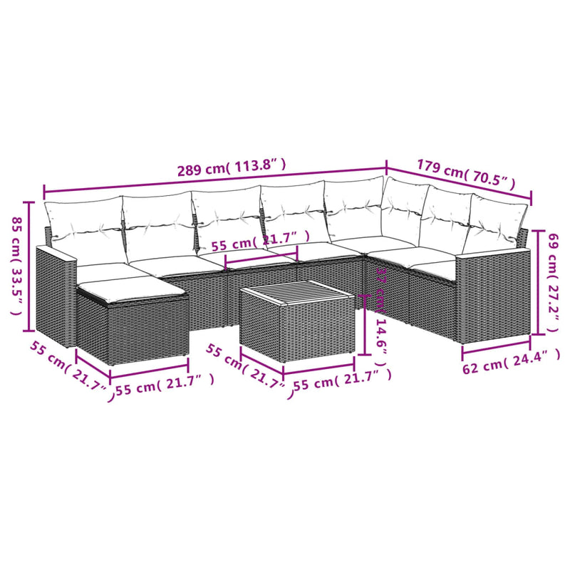 vidaXL 9 Piece Garden Sofa Set with Cushions Grey Poly Rattan