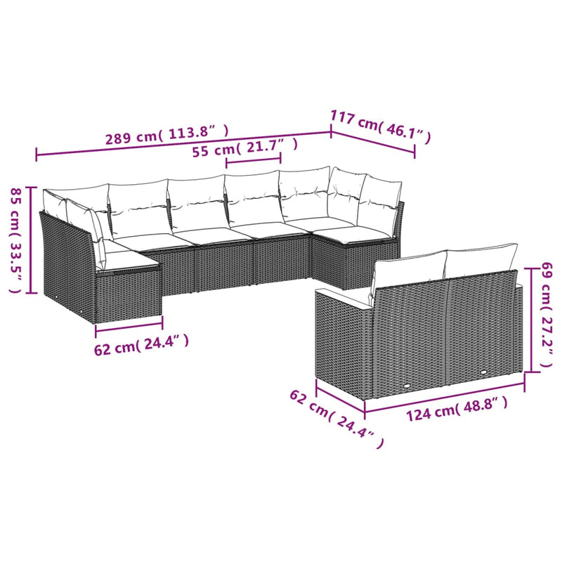 vidaXL 9 Piece Garden Sofa Set with Cushions Grey Poly Rattan