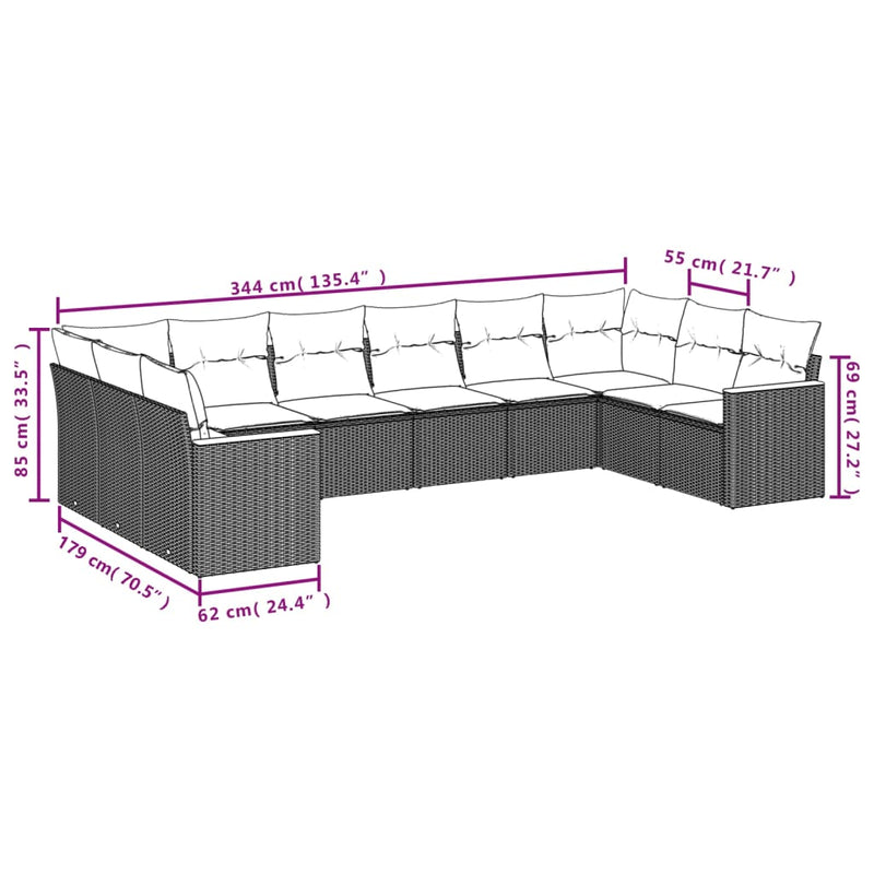 vidaXL 10 Piece Garden Sofa Set with Cushions Grey Poly Rattan