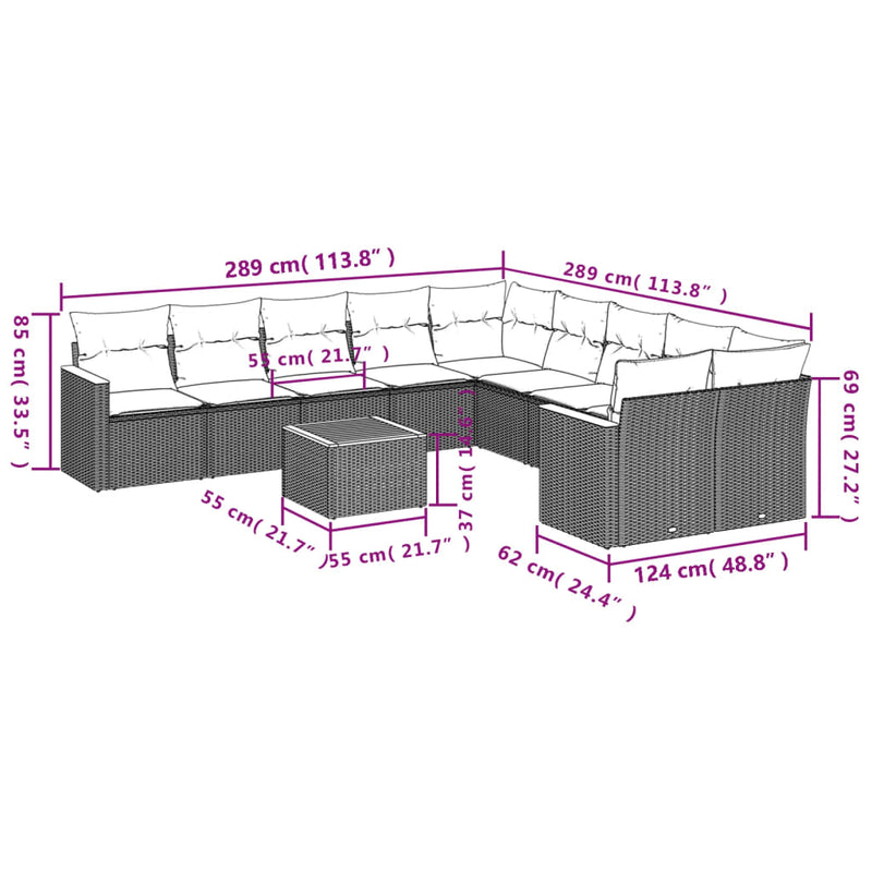 11 Piece Garden Sofa Set with Cushions Grey Poly Rattan