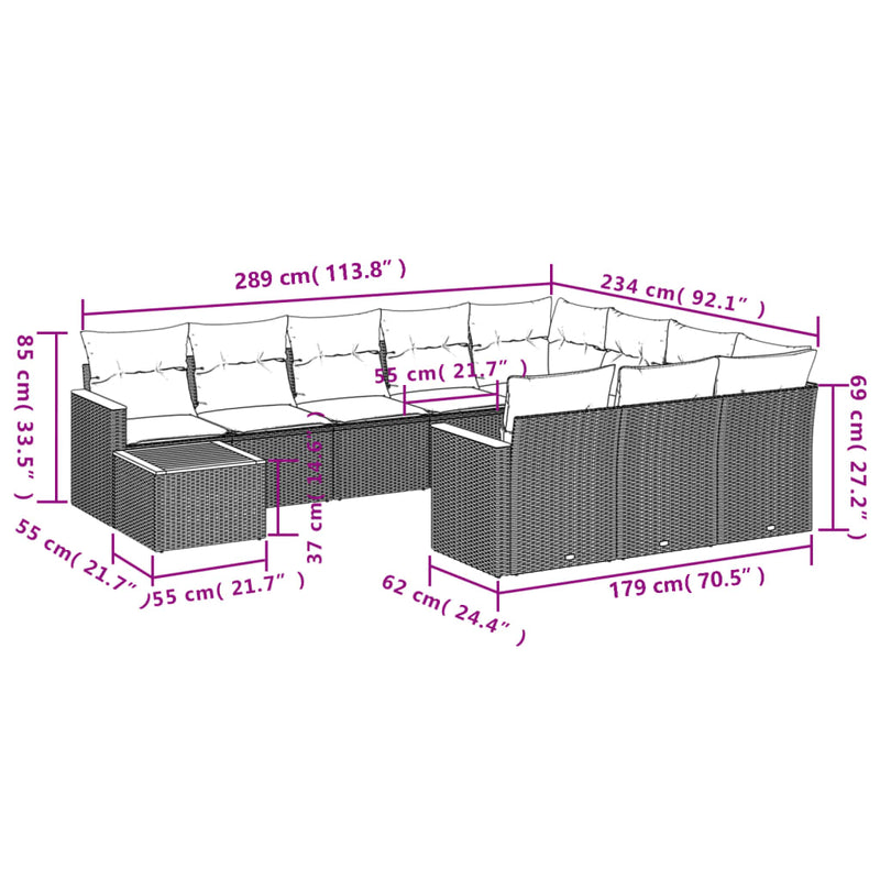 vidaXL 11 Piece Garden Sofa Set with Cushions Grey Poly Rattan