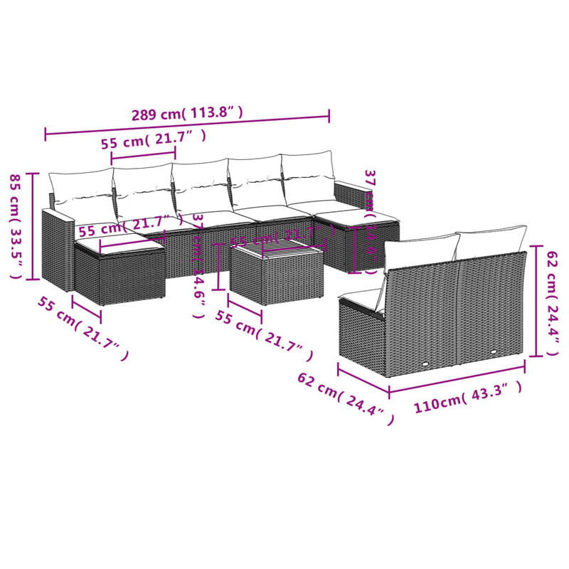 vidaXL 10 Piece Garden Sofa Set with Cushions Black Poly Rattan