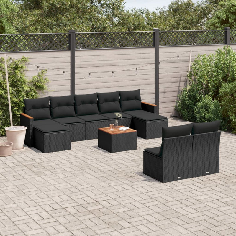 vidaXL 10 Piece Garden Sofa Set with Cushions Black Poly Rattan