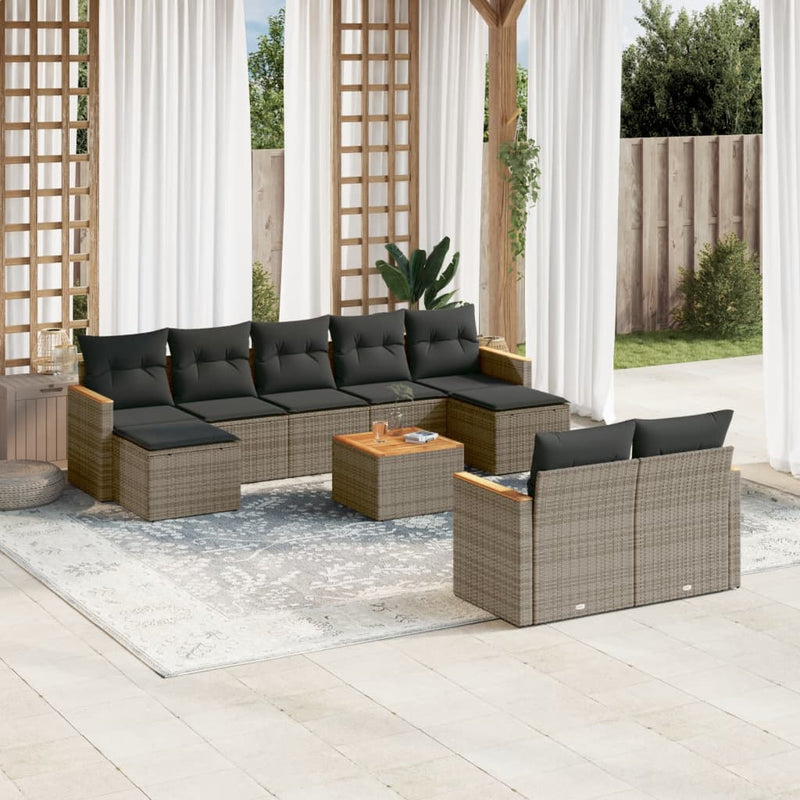 10 Piece Garden Sofa Set with Cushions Grey Poly Rattan