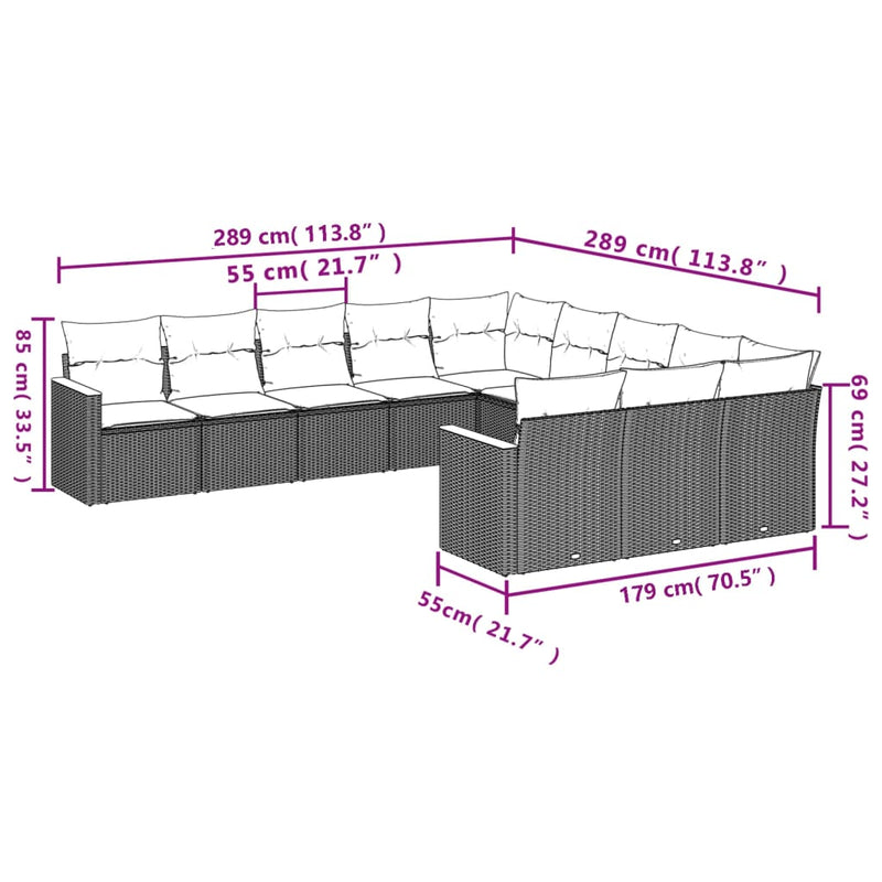 vidaXL 11 Piece Garden Sofa Set with Cushions Grey Poly Rattan