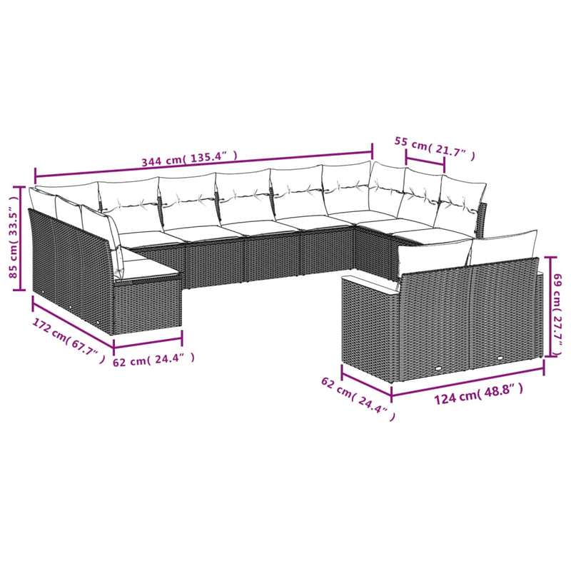 vidaXL 12 Piece Garden Sofa Set with Cushions Black Poly Rattan