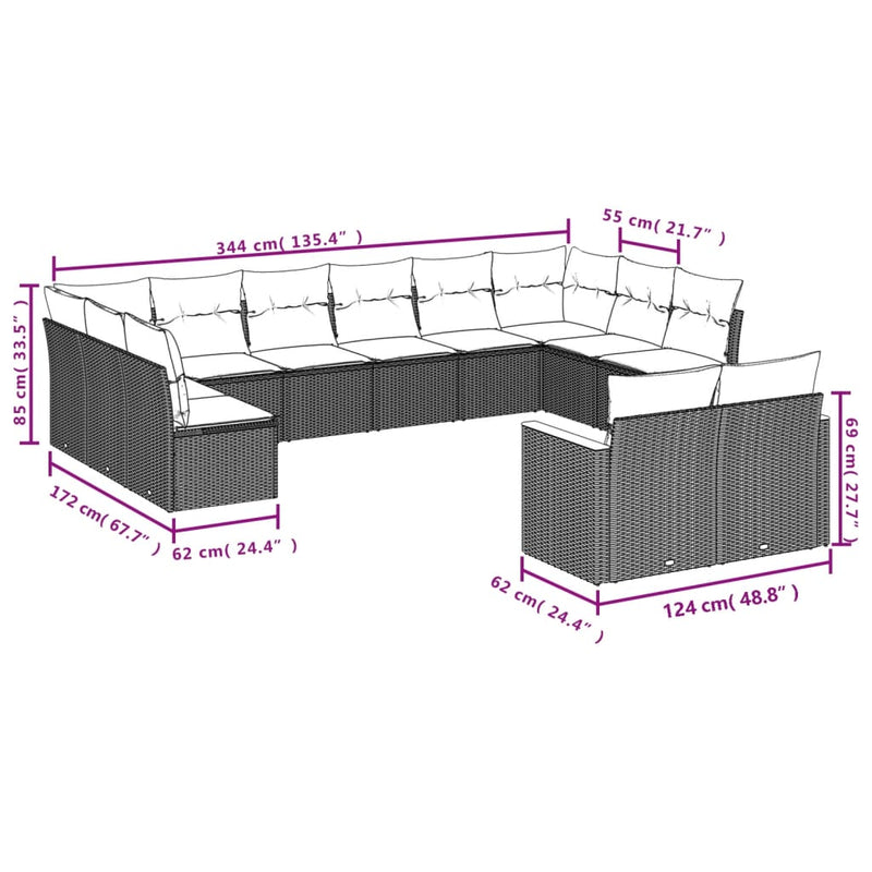 vidaXL 12 Piece Garden Sofa Set with Cushions Grey Poly Rattan