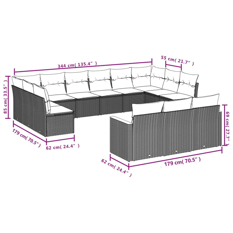 vidaXL 13 Piece Garden Sofa Set with Cushions Black Poly Rattan