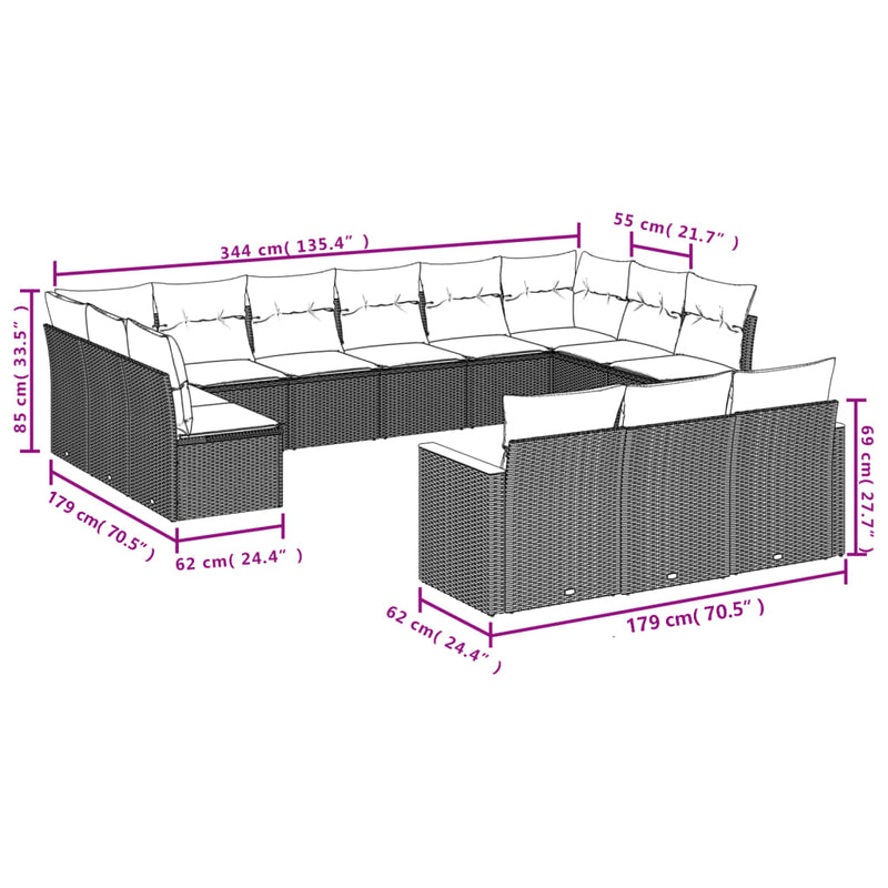 vidaXL 13 Piece Garden Sofa Set with Cushions Grey Poly Rattan