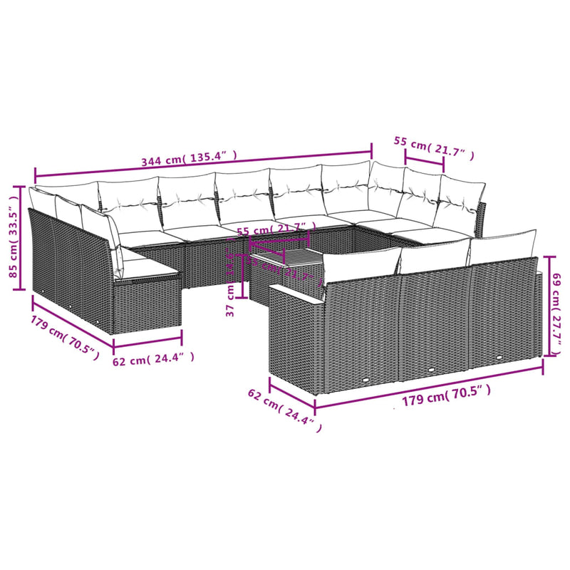 vidaXL 14 Piece Garden Sofa Set with Cushions Black Poly Rattan