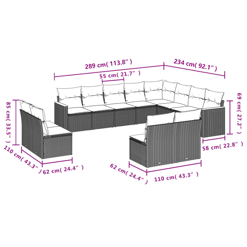 vidaXL 12 Piece Garden Sofa Set with Cushions Black Poly Rattan