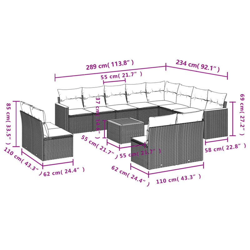 vidaXL 13 Piece Garden Sofa Set with Cushions Grey Poly Rattan