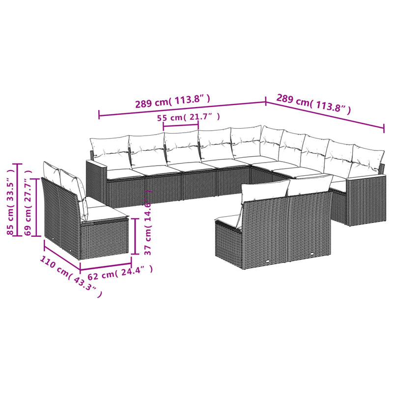 vidaXL 13 Piece Garden Sofa Set with Cushions Grey Poly Rattan