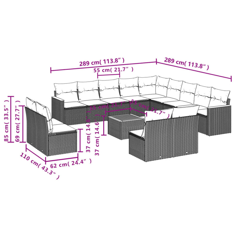 vidaXL 14 Piece Garden Sofa Set with Cushions Black Poly Rattan