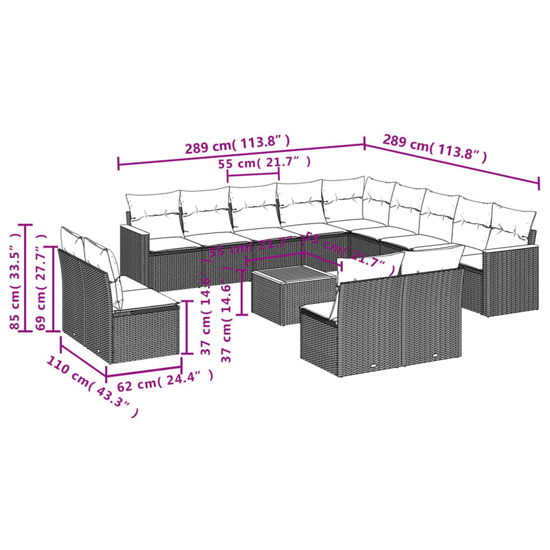 vidaXL 14 Piece Garden Sofa Set with Cushions Grey Poly Rattan