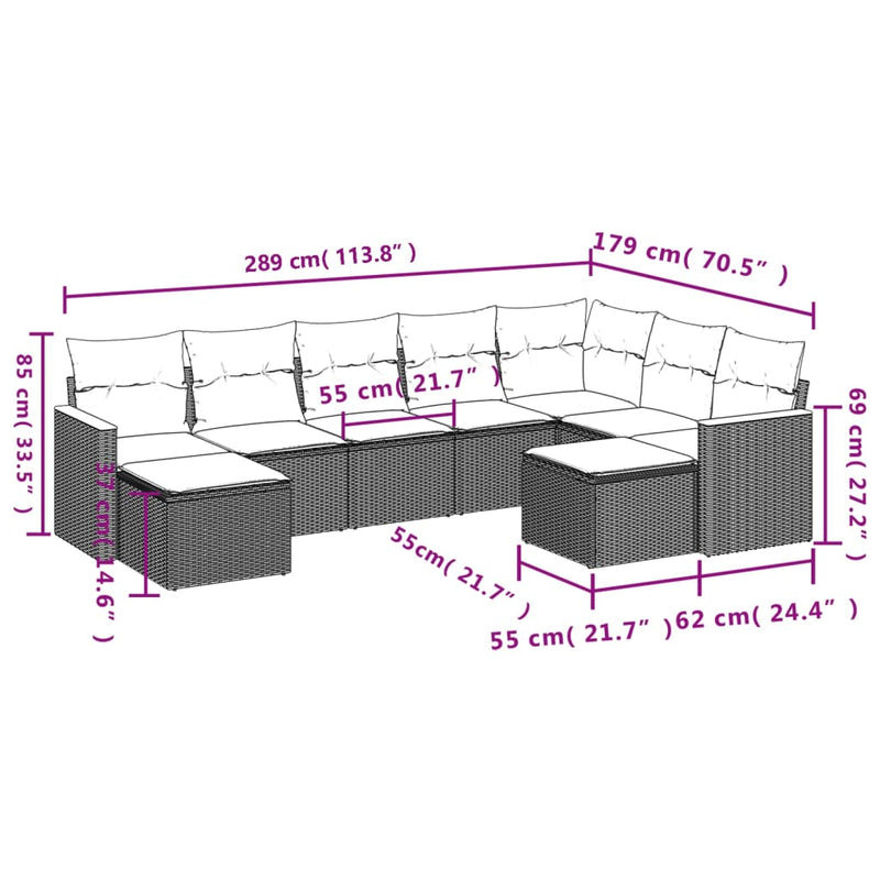 vidaXL 9 Piece Garden Sofa Set with Cushions Grey Poly Rattan
