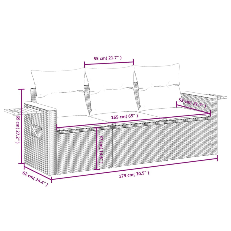 vidaXL 3 Piece Garden Sofa Set with Cushions Grey Poly Rattan