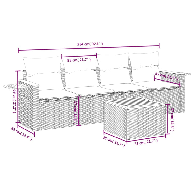 5 Piece Garden Sofa Set with Cushions Grey Poly Rattan