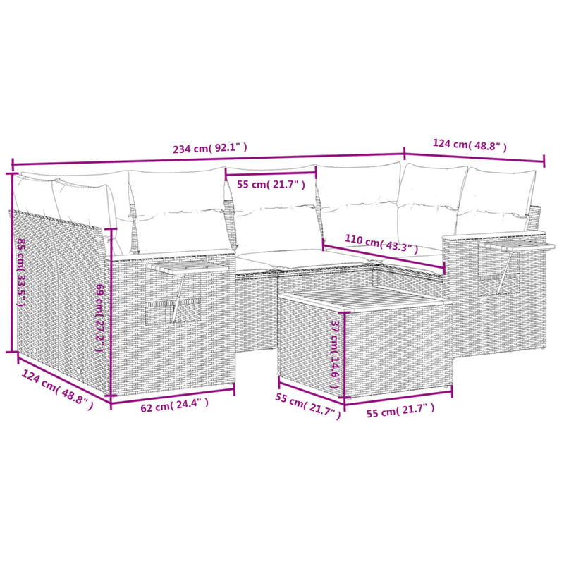 vidaXL 7 Piece Garden Sofa Set with Cushions Grey Poly Rattan
