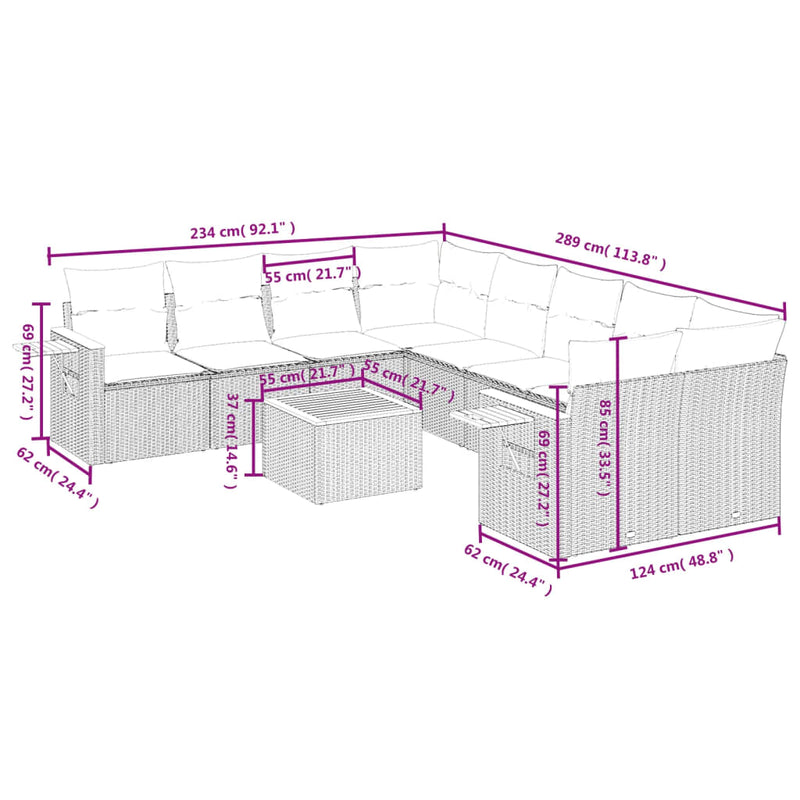 vidaXL 9 Piece Garden Sofa Set with Cushions Grey Poly Rattan