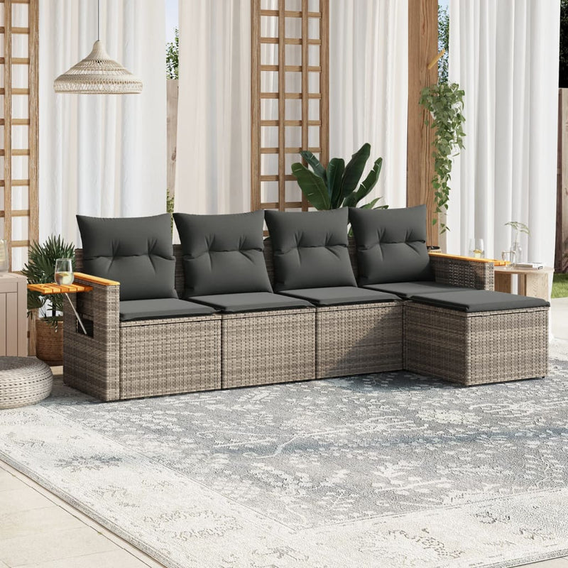 5 Piece Garden Sofa Set with Cushions Grey Poly Rattan