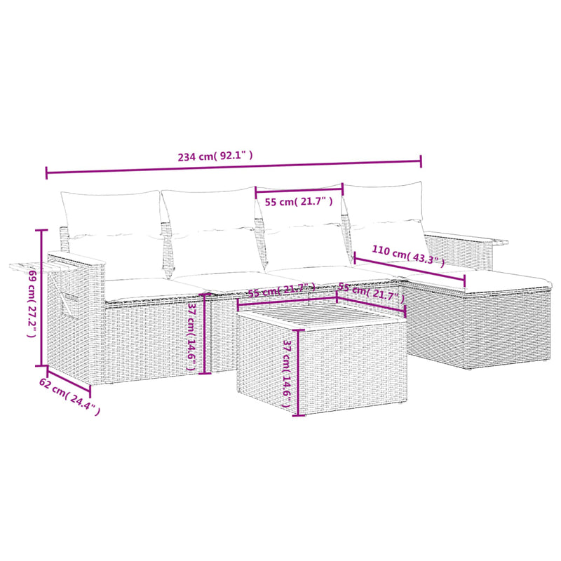 vidaXL 6 Piece Garden Sofa Set with Cushions Black Poly Rattan
