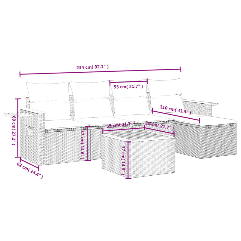 vidaXL 6 Piece Garden Sofa Set with Cushions Grey Poly Rattan