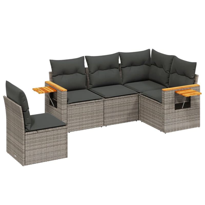 5 Piece Garden Sofa Set with Cushions Grey Poly Rattan