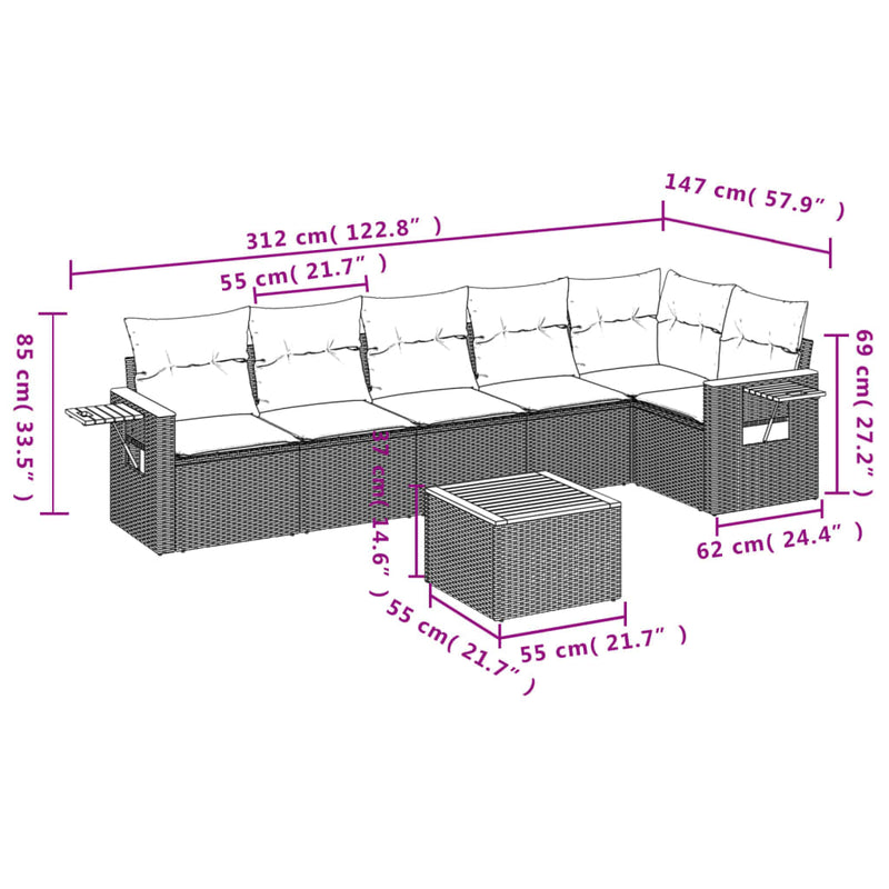vidaXL 7 Piece Garden Sofa Set with Cushions Grey Poly Rattan