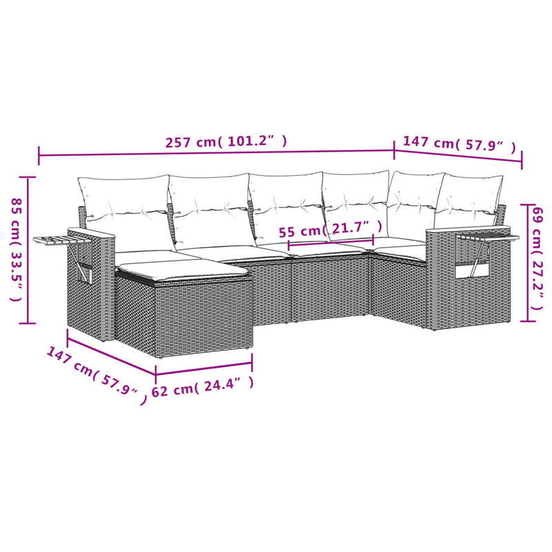 vidaXL 6 Piece Garden Sofa Set with Cushions Grey Poly Rattan