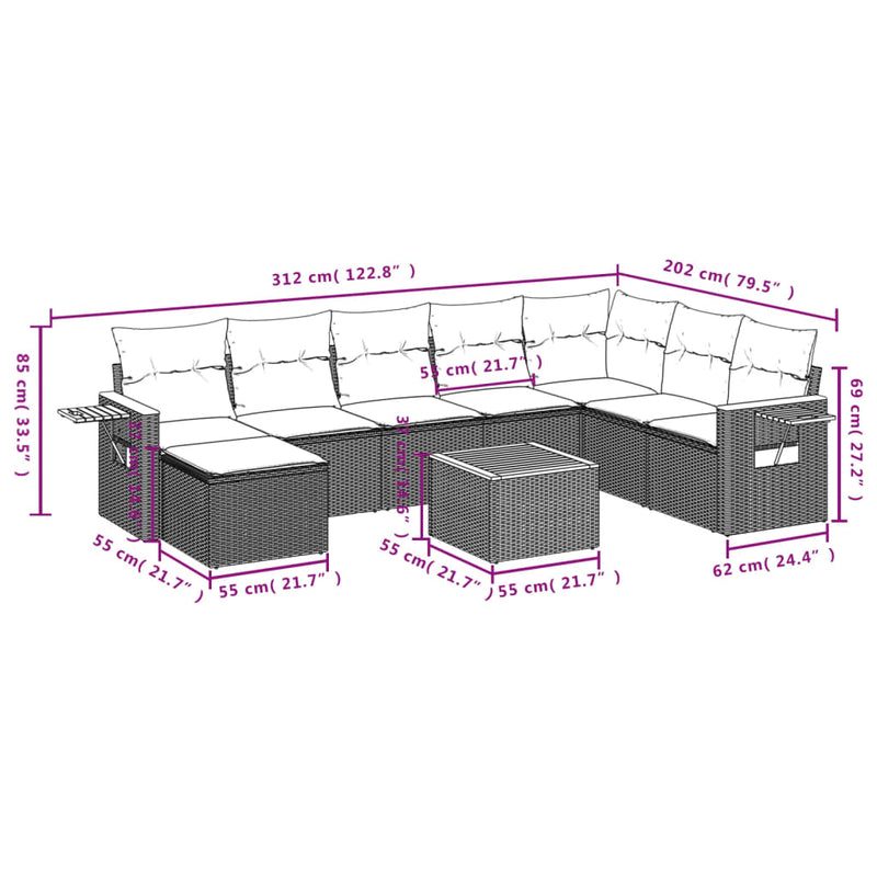 vidaXL 9 Piece Garden Sofa Set with Cushions Grey Poly Rattan