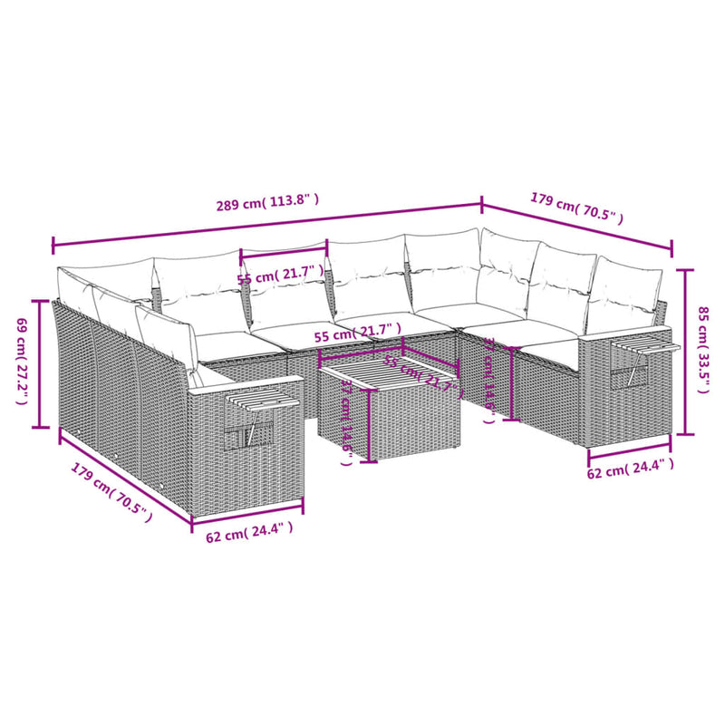 vidaXL 10 Piece Garden Sofa Set with Cushions Grey Poly Rattan