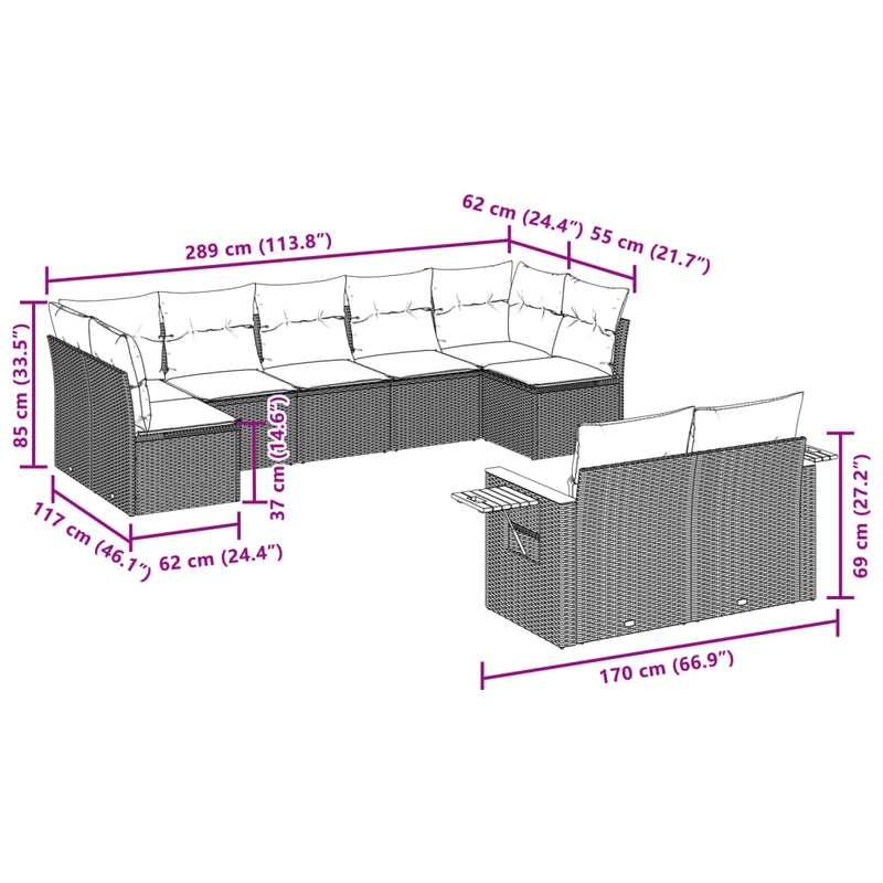 vidaXL 9 Piece Garden Sofa Set with Cushions Grey Poly Rattan