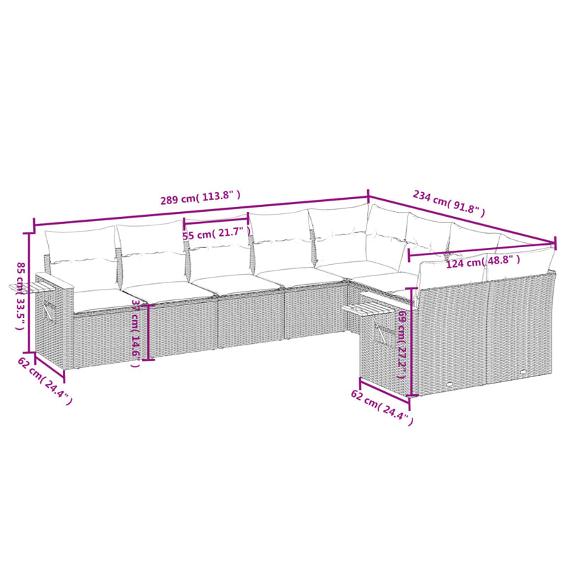 9 Piece Garden Sofa Set with Cushions Grey Poly Rattan