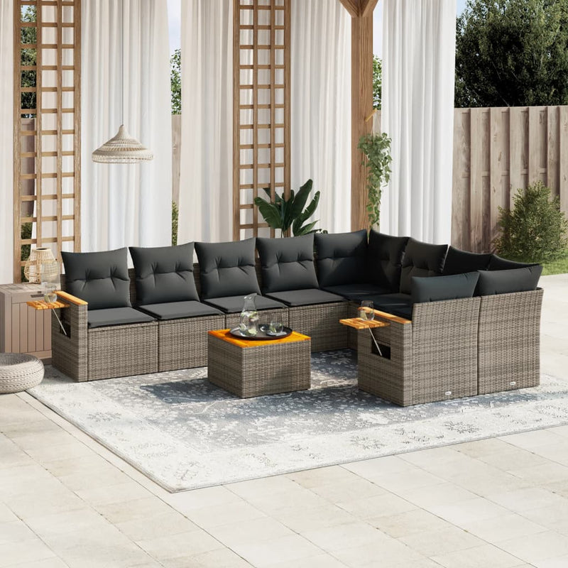 10 Piece Garden Sofa Set with Cushions Grey Poly Rattan