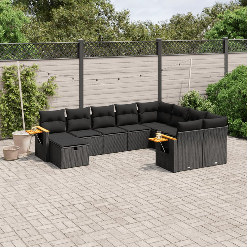 vidaXL 10 Piece Garden Sofa Set with Cushions Black Poly Rattan