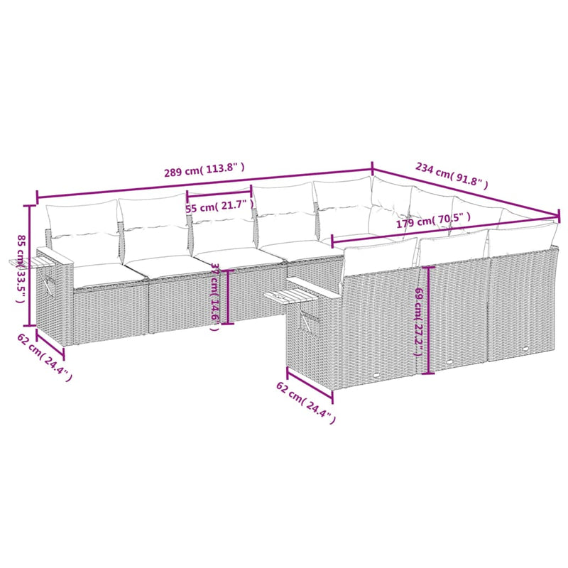 vidaXL 10 Piece Garden Sofa Set with Cushions Grey Poly Rattan