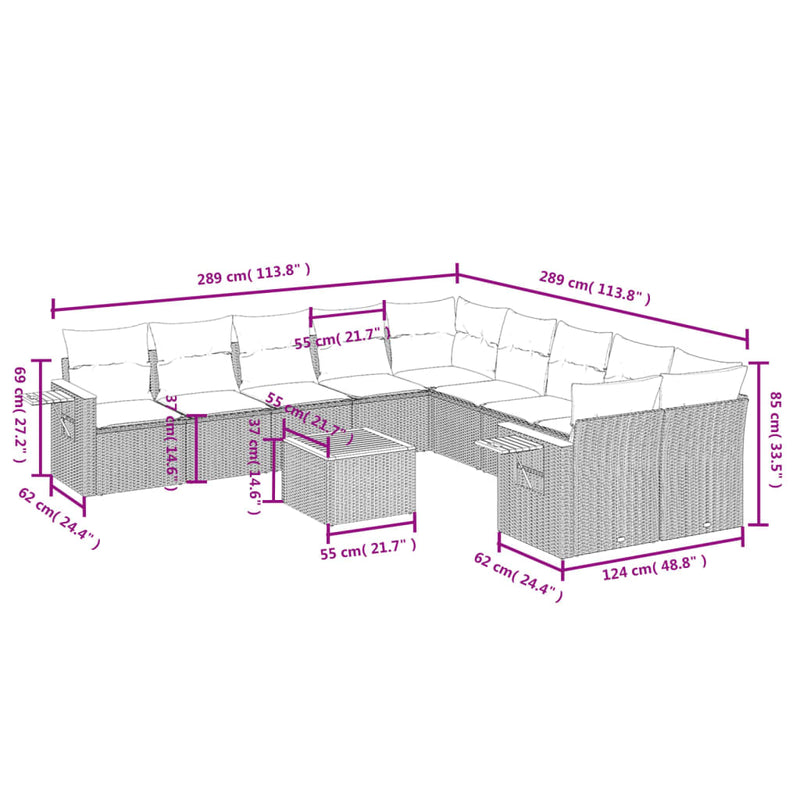 vidaXL 11 Piece Garden Sofa Set with Cushions Grey Poly Rattan