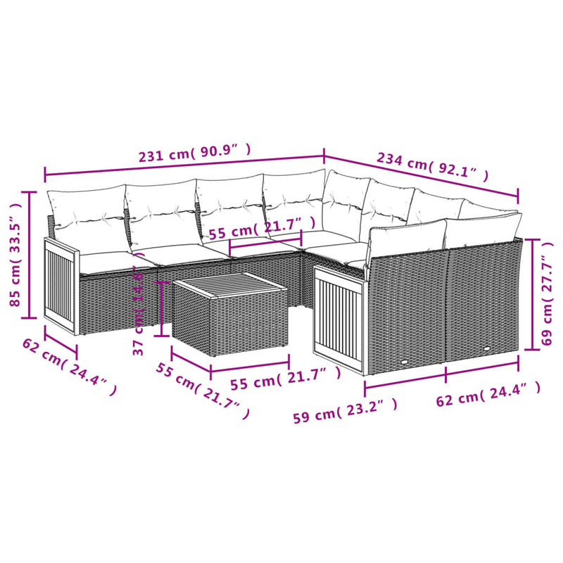 vidaXL 9 Piece Garden Sofa Set with Cushions Grey Poly Rattan