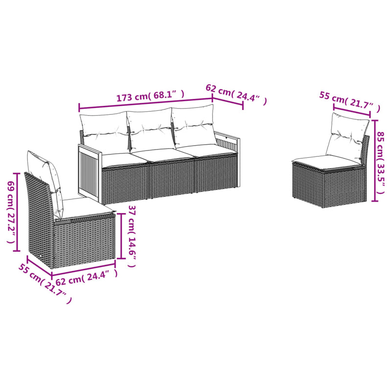 vidaXL 5 Piece Garden Sofa Set with Cushions Grey Poly Rattan